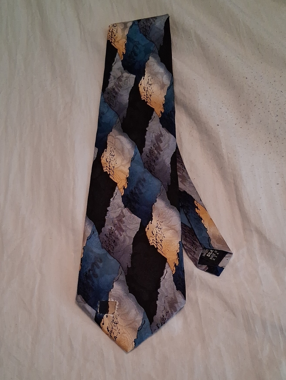 Vintage J. Garcia Blue, Black and Gold Silk Patterned Men's Tie. Office